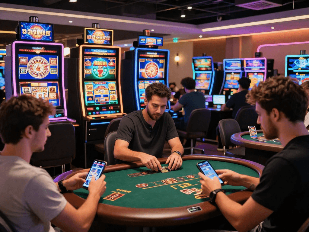 Scène de casino en ligne avec des joueurs engagés, machines à sous et promotions, ambiance lumineuse et moderne.