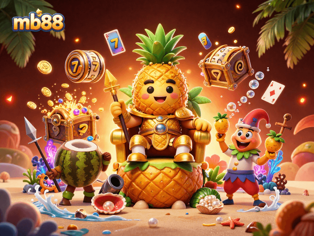 Experience the vibrant world of mb88 with a golden pineapple king in a dynamic casino scene.