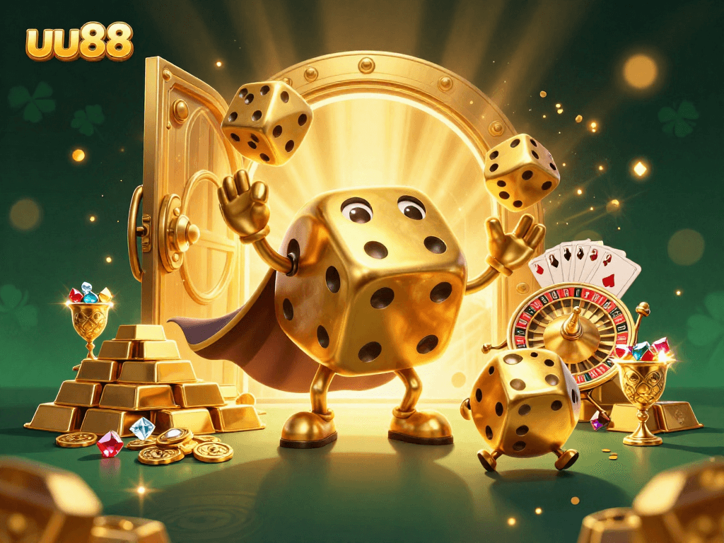 uu88 showcases thrilling golden dice characters in a vibrant casino adventure filled with treasure.