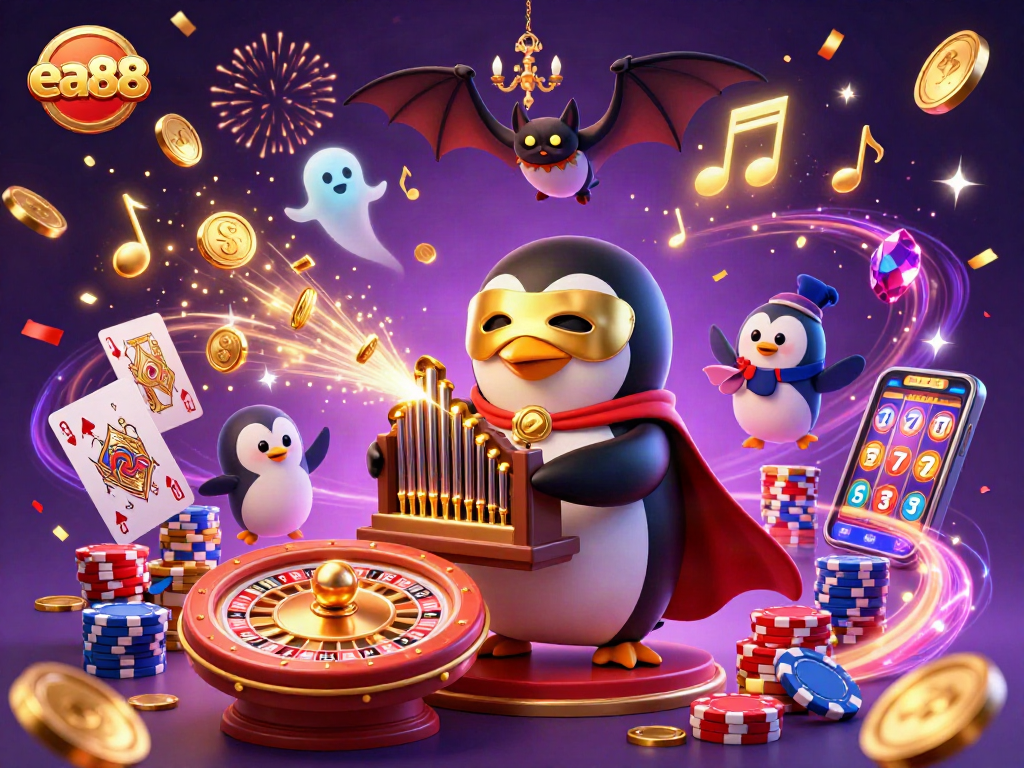 Experience the excitement of ea88 with a vibrant 3D scene of casino elements and characters!