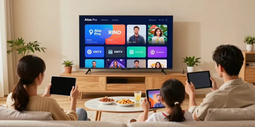 Famille profitant de l'application Atlas Pro ONTV dans un salon moderne, ambiance chaleureuse.