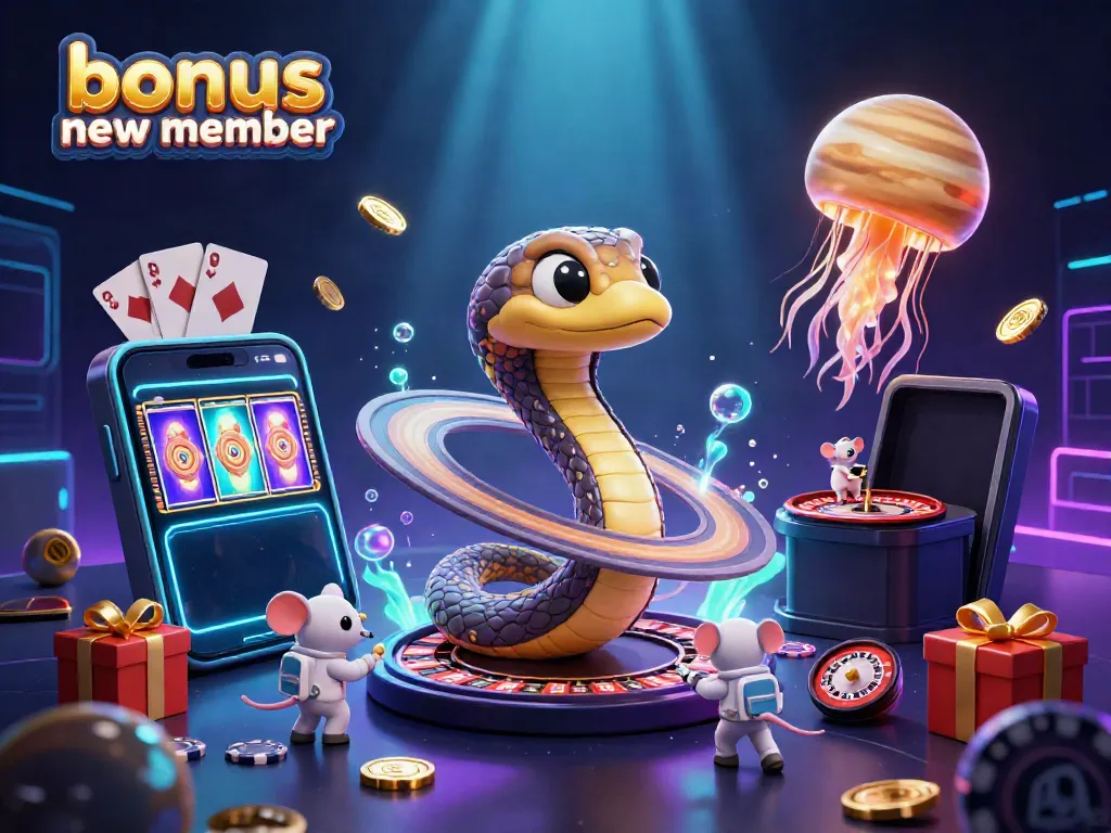 Experience the excitement of the bonus new member promotion in an engaging 3D casino scene full of cosmic characters and vibrant game elements.