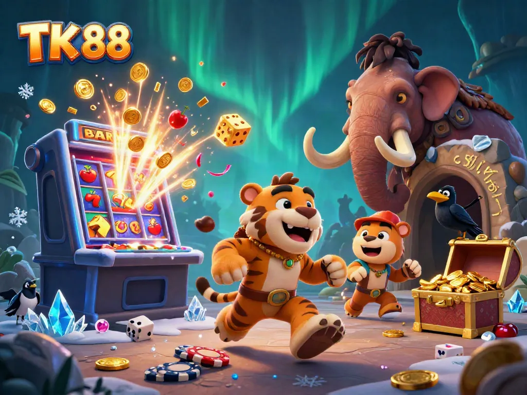 Engage with TK 88, featuring a vibrant 3D illustration of a prehistoric casino with characters and gambling elements.