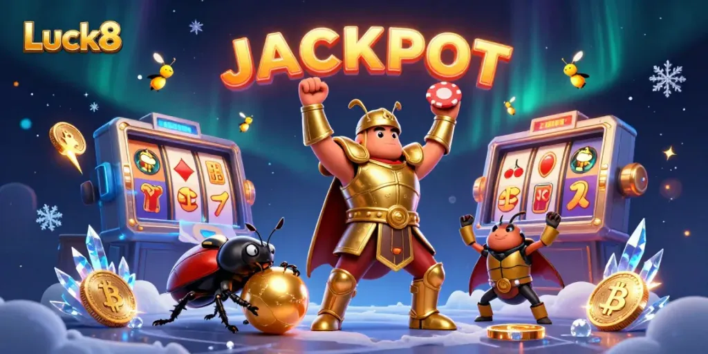 Luck8 depicts a vibrant scene with a victorious beetle lifting a poker chip amidst jackpot slot reels and glowing crypto coins.
