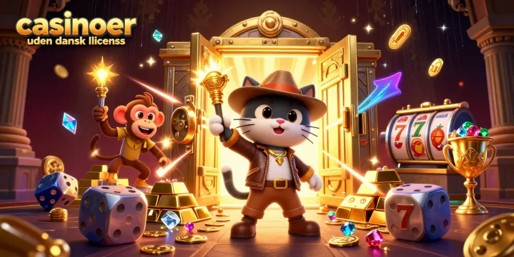 Engaging scene of an explorer cat and monkey at a treasure-laden casinoer uden dansk licens