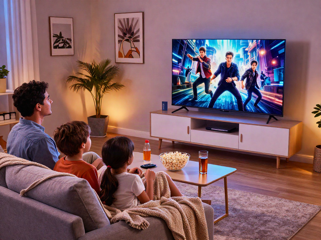 Une famille profitant d'une soirée cinéma avec Iron tv, ambiance chaleureuse et conviviale.