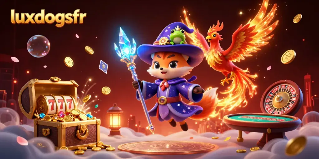 Engage in luxurious gaming with luxdogsfr's vibrant 3D fantasy casino illustration featuring magical elements.