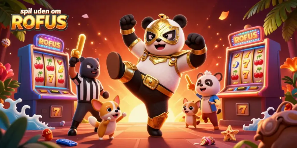 Experience thrilling gameplay at spil uden om ROFUS with a vibrant casino scene featuring a wrestling panda and a referee.