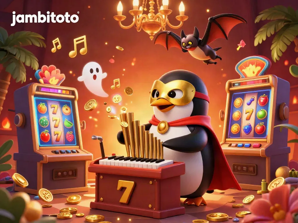 Experience thrilling wins at jambitoto with a vibrant 3D scene filled with dynamic slot machines and golden coins.