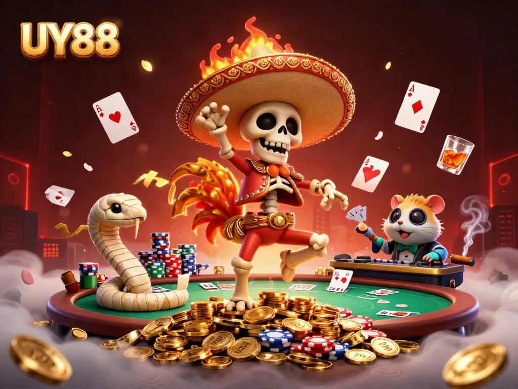 Engage with UY88's lively casino scene featuring dynamic characters and vibrant poker elements.