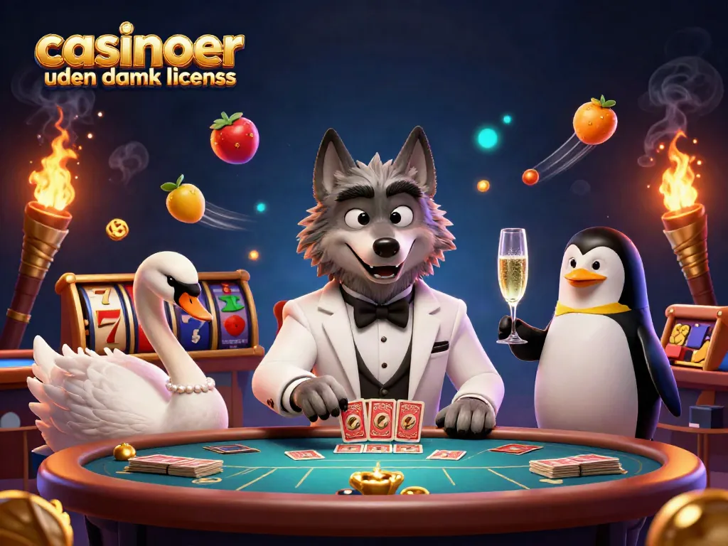 Play at casinoer uden dansk licens featuring daring characters in a vibrant 3D illustration with slot elements.