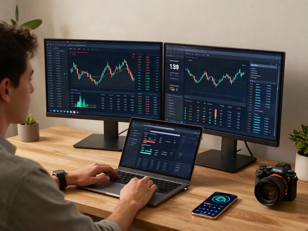 Interface de trading couponeau avec un utilisateur ajustant les paramètres sur des écrans modernes.