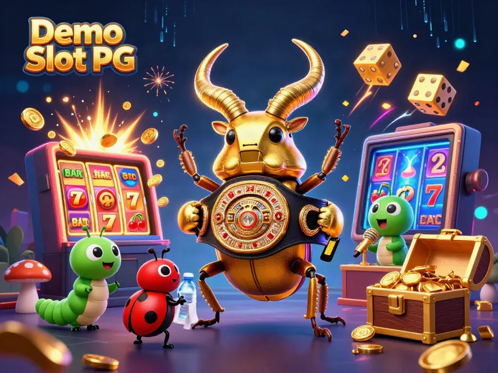 Engage with the thrill of Demo Slot PG as a giant stag beetle battles atop a vibrant slot scene.
