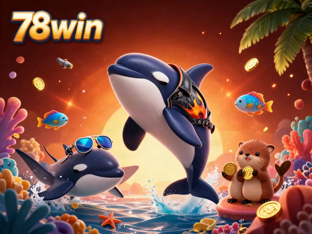 Engaging scene with 78win characters including an orca whale, stingray, and otters enjoying a vibrant underwater casino experience.