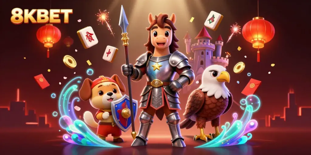 Experience the excitement of gaming with 8KBET's vibrant 3D illustration of a knight and fantastical elements.