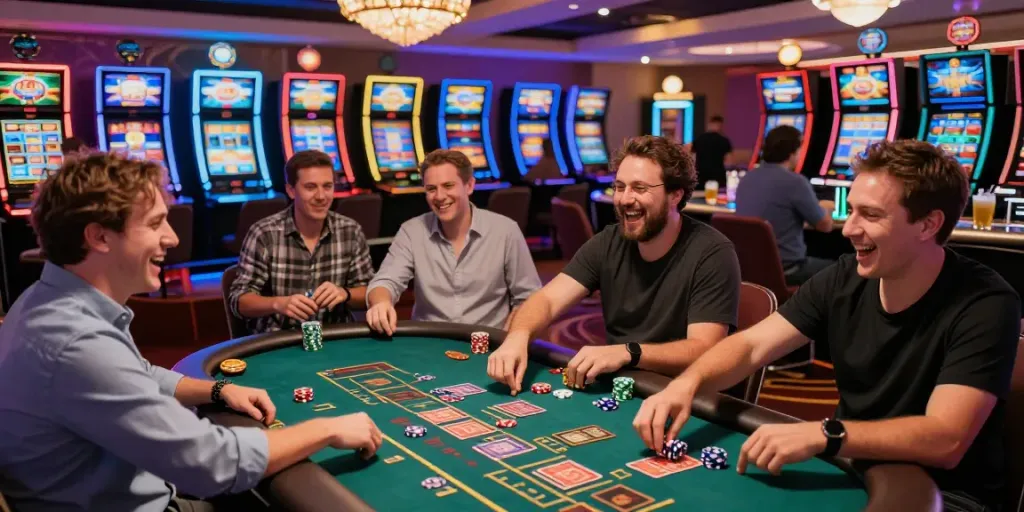Scène de casino en ligne sans dépôt avec joueurs heureux et machines à sous colorées.