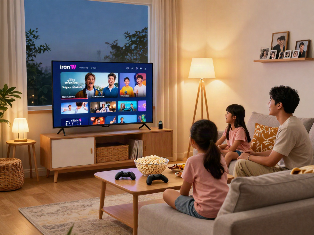 Family enjoying Iron TV in a cozy living room with popcorn and games.