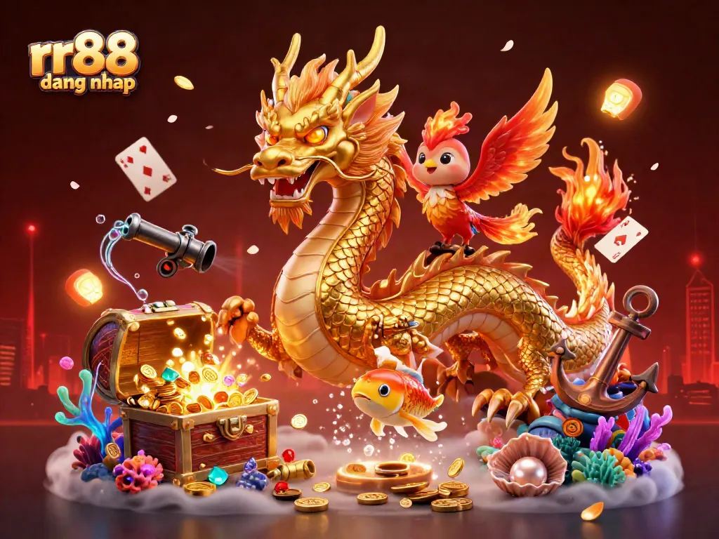 Experience excitement with rr88 dang nhap featuring a golden dragon, phoenix, and koi amidst coins and casino elements.