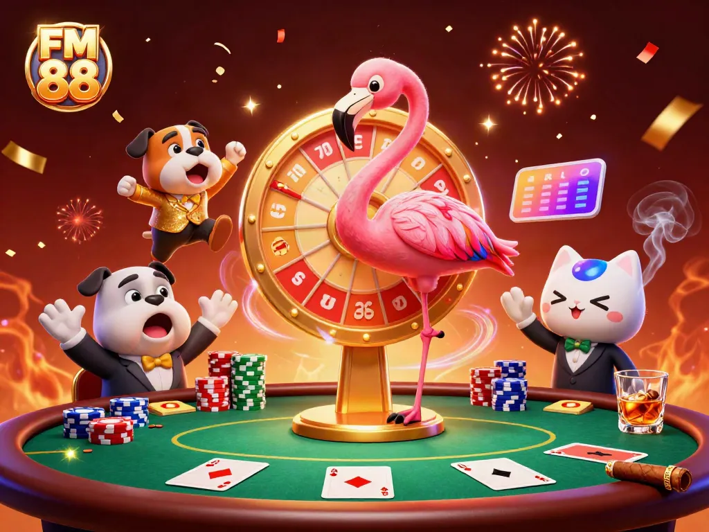Experience the thrill at FM 88 with a game show host spinning a prize wheel in an exciting casino setting.