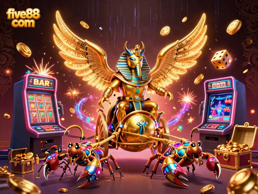 Experience exciting wins at five88 com with a vibrant casino scene showing thrilling slot machine action and golden treasures.