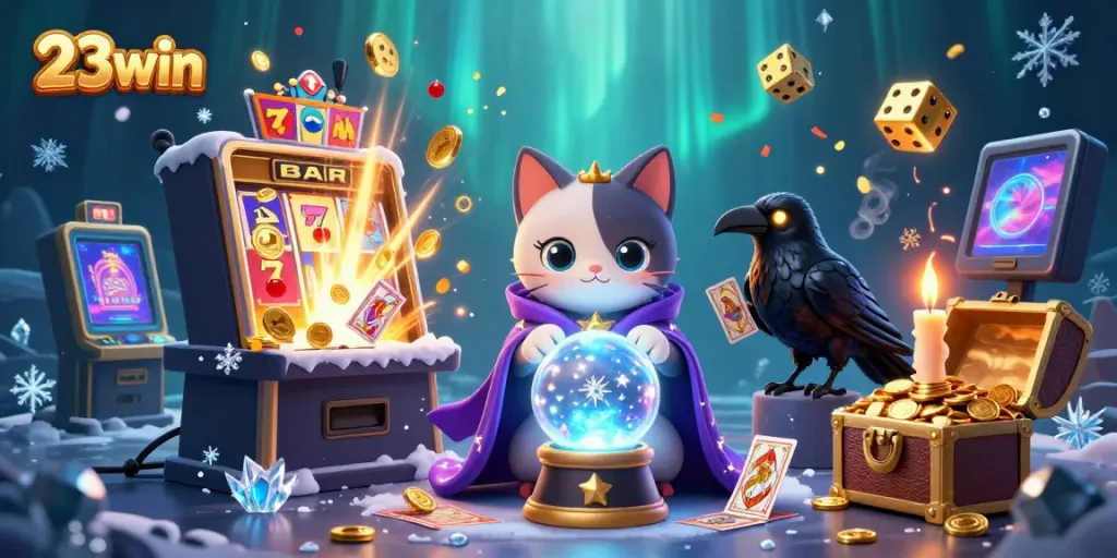 Experience thrilling jackpots and magical wins with 23win's vibrant casino scene featuring unique characters.