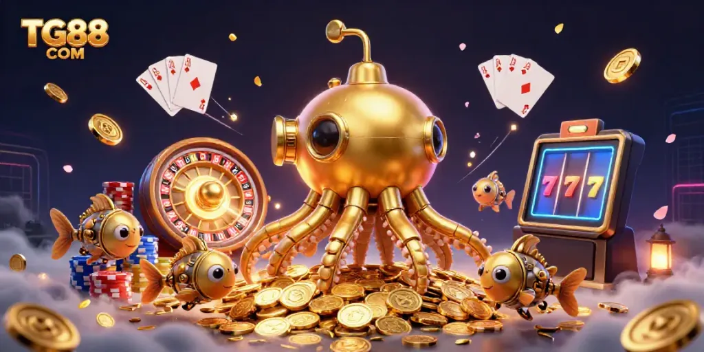 Experience thrilling gameplay with TG88 COM as a golden kraken and mechanical fish navigate a dynamic casino scene filled with coins, roulette, and treasures.