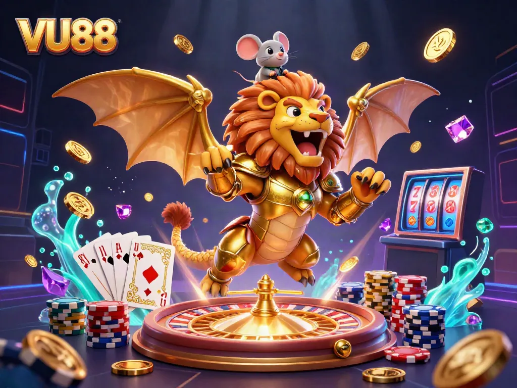 Experience thrilling gameplay at VU88 with vibrant casino scenes and iconic game elements.