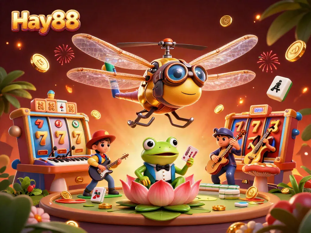 Experience the vibrant casino scene at Hay88 with a dragonfly pilot and frog dealer in action.
