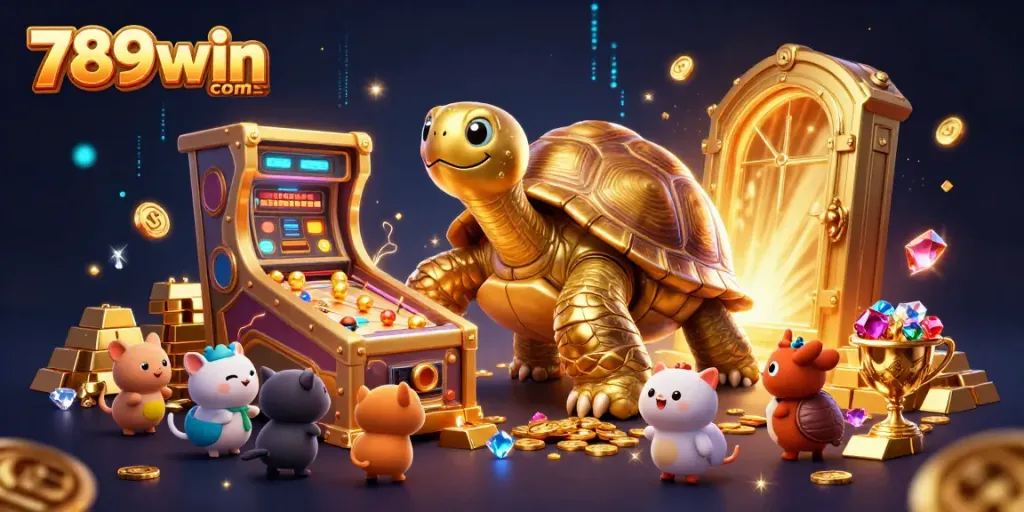 Experience the excitement of 789win com with a vibrant 3D casino illustration of a tortoise pinball, gold treasures, and jubilant creatures.