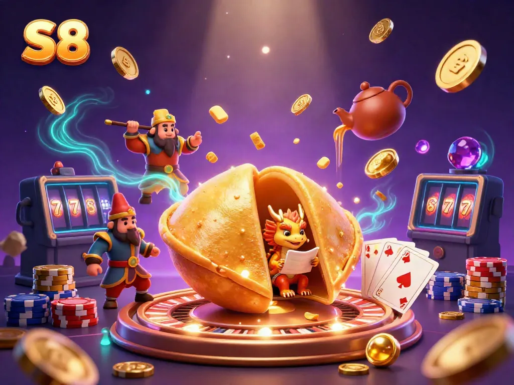 Experience thrilling gameplay at S8 with a dynamic casino scene featuring a golden fortune cookie and casino elements.
