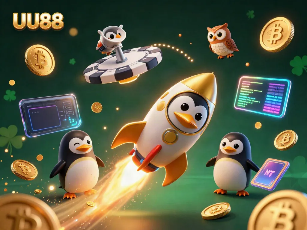 Experience exciting gaming action with UU88’s vibrant golden penguin soaring through casino cosmos.
