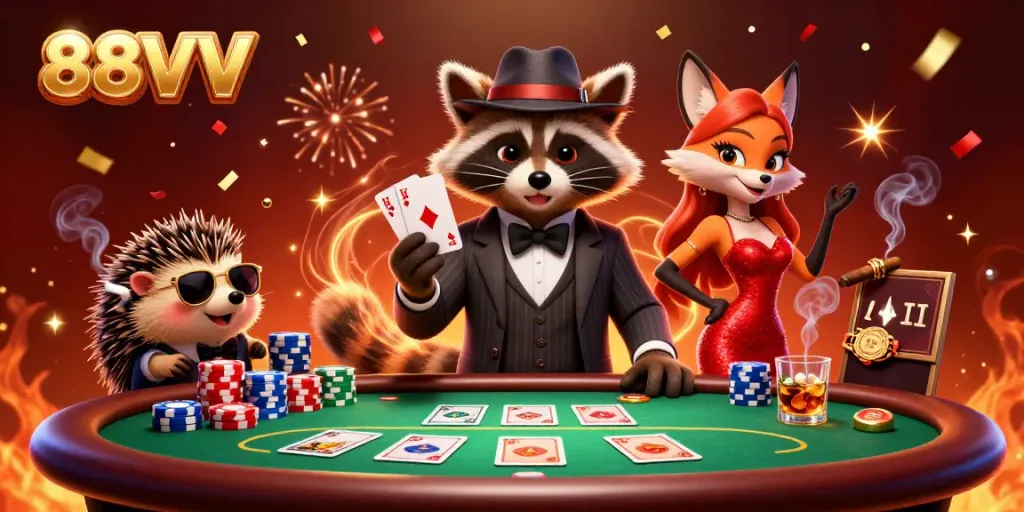 Engage with 88VV through a lively casino scene featuring a suave raccoon, a glamorous fox, and a hedgehog, showcasing poker excitement.