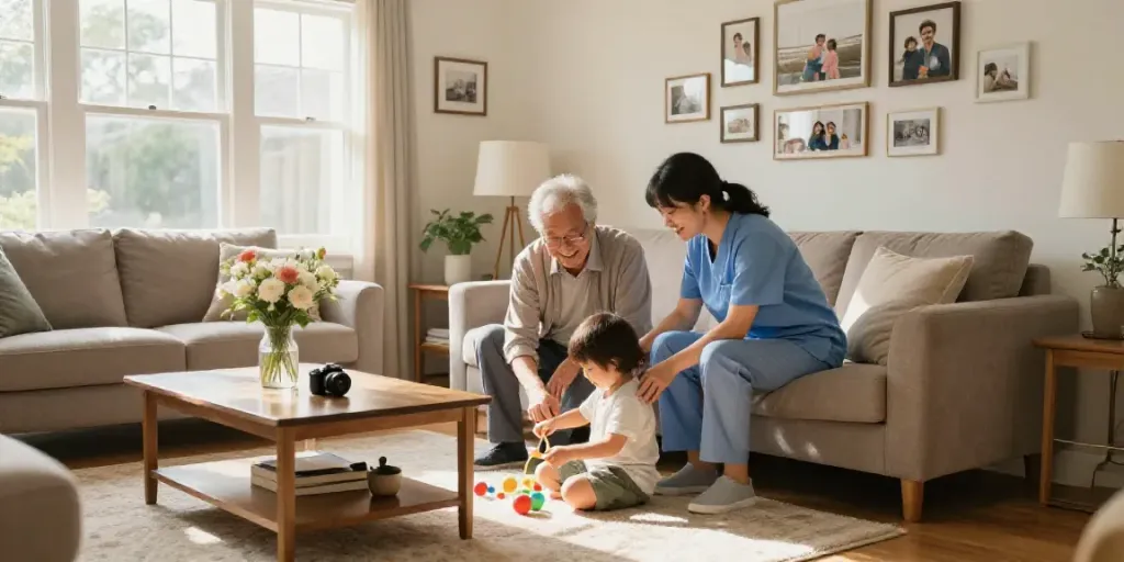 Services à la personne: professional caregiver assisting an elderly family member in a cozy living room