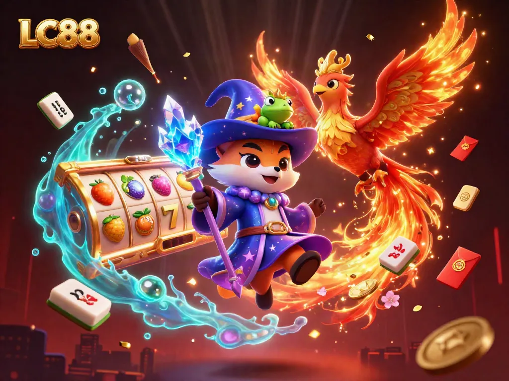 Experience the excitement of LC88 as a mystical wizard fox and phoenix bring vibrant casino elements to life.