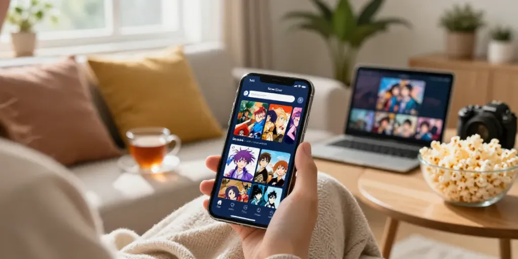 Utilisation de l'application Senpai Stream sur iOS dans un salon confortable avec de la lumière naturelle.