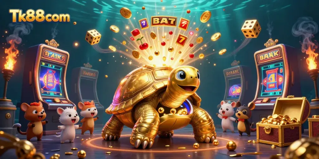 Experience the excitement of Tk88 com with a dynamic 3D scene featuring a golden tortoise pinball machine and slot games.