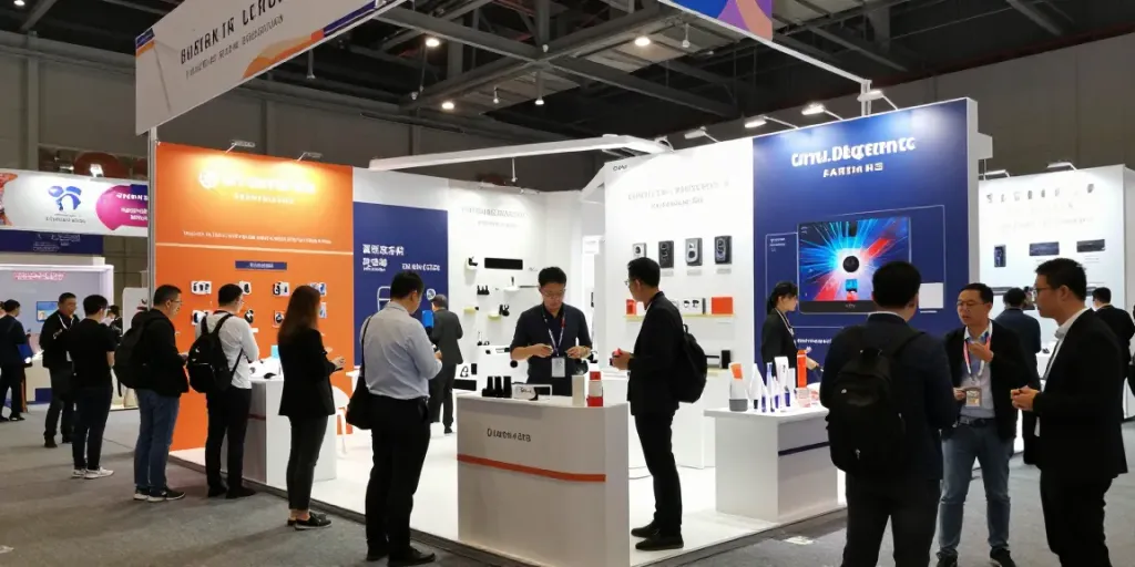 Exposants showcasing innovative products at a vibrant trade exhibition, engaging attendees and dynamic displays.