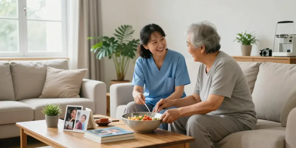 Assistance à domicile pour les services à la personne, un aidant et un senior souriant dans un salon lumineux.