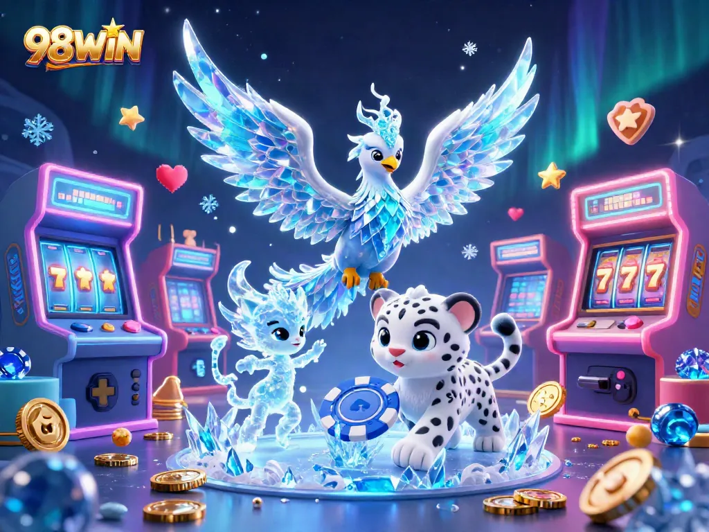 Experience the charm of 98WIN with a captivating ice phoenix and gaming elements in a vibrant casino setting.