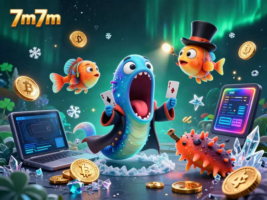 Experience thrilling card tricks with the 7m7m bioluminescent eel magician in a vibrant 3D underwater scene.