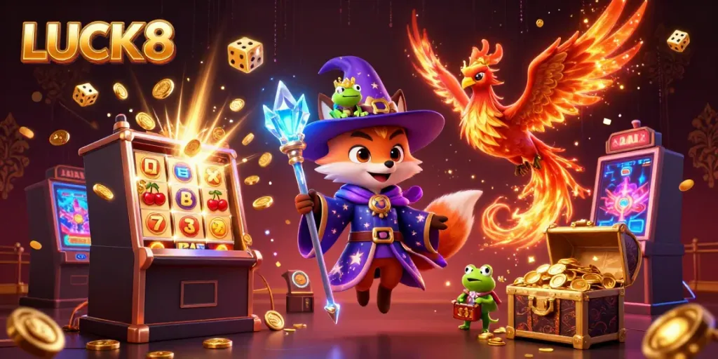 Experience the excitement of LUCK8 with a dynamic wizard fox, phoenix, and casino elements bursting with energy.
