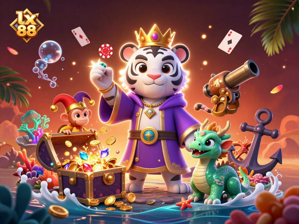 Experience the vibrant gaming world of lx 88 as the playful monkey juggles poker chips amidst thriving casino elements.