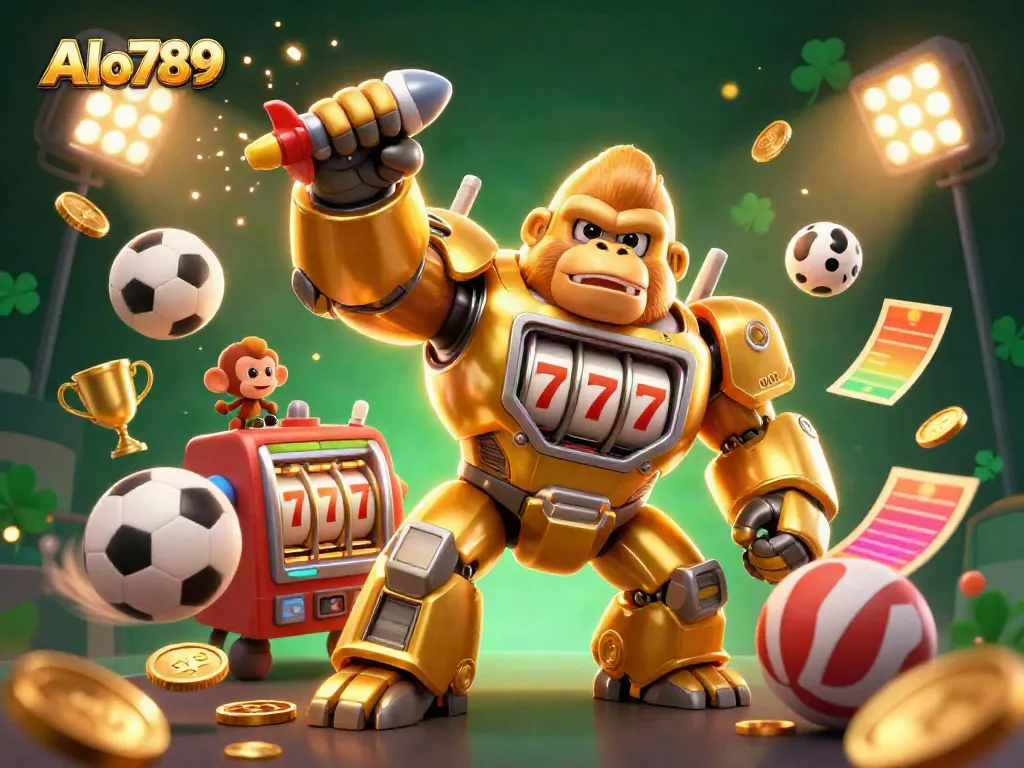 Alo789 ignites excitement with a dynamic scene of a golden gorilla mech and sports betting elements.