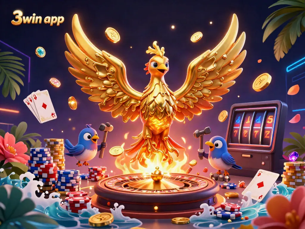 Engage in winning strategies with the 3win app in this vibrant gambling-themed illustration.