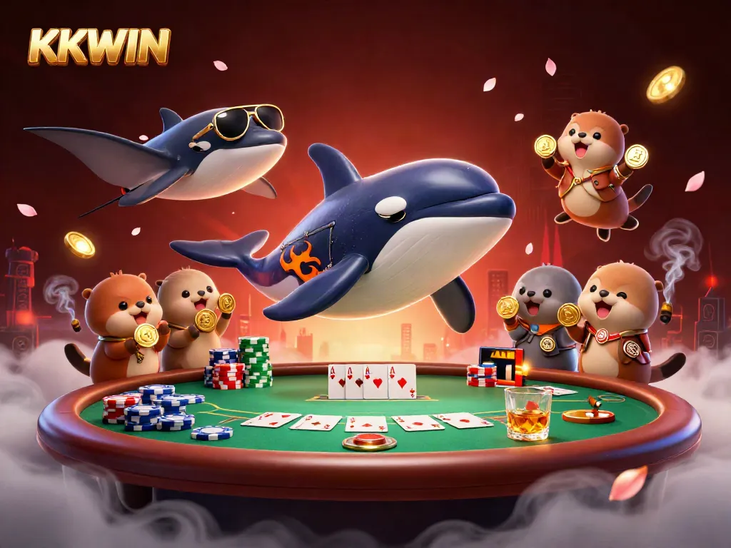 KKWIN lively casino scene with an orca, stingray, and otters celebrating by poker elements.