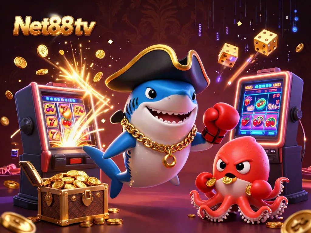 Win big at Net88 tv with exciting games featuring a shark, pufferfish, and octopus in a vibrant casino scene.
