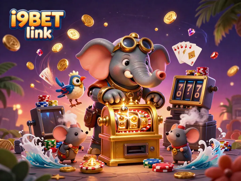 Experience thrills with i9BET link as a cartoon steampunk elephant operates a golden slot machine.