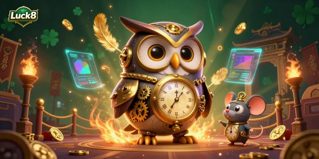 Experience the vibrant casino action of Luck8 with a dynamic steampunk owl and shimmering gaming elements.