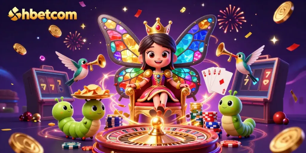 Engage with shbetcom's vibrant casino scene featuring a butterfly queen and dynamic gaming elements.