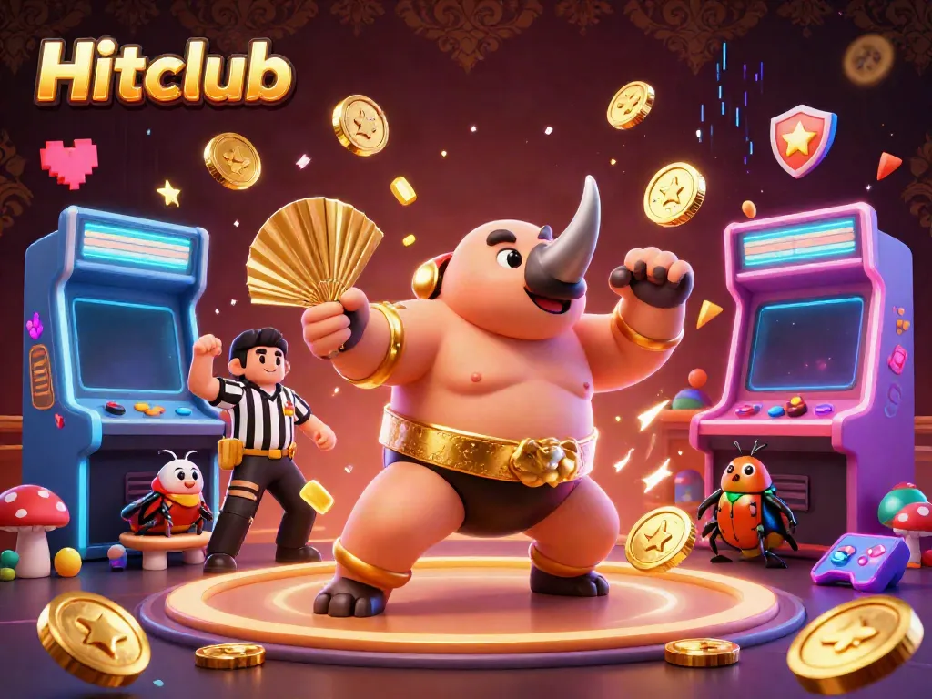 Hitclub - 3D cartoon beetle champion in action, surrounded by glowing game elements and casino atmosphere.
